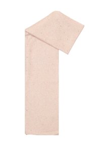 Sciarpa rigata rosa chiaro con decorazioni a punti argento. Texture morbida e forma rettangolare allungata, adatta per essere indossata a strati.