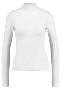 Langärmliges Top mit hohem Kragen aus schimmerndem weißen Material, enganliegendes Design mit glatter Textur und minimalen Nähten.