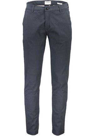 Navy blue chinos with a slim fit, made of cotton blend fabric. Features a classic button closure and belt loops, smooth texture throughout.