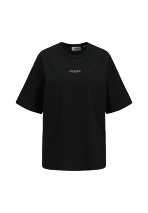 Zwart T-shirt met korte mouwen met "JJXX STUDIO" in kleine witte letters gedrukt, gecentreerd op de borst.