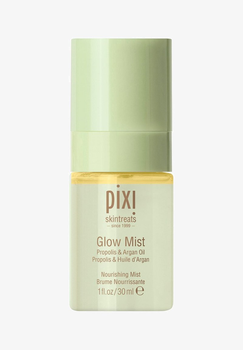 Kleine klare Flasche mit hellgrünem Verschluss, etikettiert mit "pixi skintreats Glow Mist Propolis & Argan Oil Nourishing Mist 1 fl. oz / 30 ml."