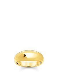 Anello in oro lucido, con forma ovale a cupola. Superficie liscia, texture uniforme e profilo spesso e arrotondato.