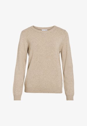 Pull en tricot beige avec un col rond, des manches longues et des poignets et un ourlet côtelés. Texture douce, matériau léger, design minimal.