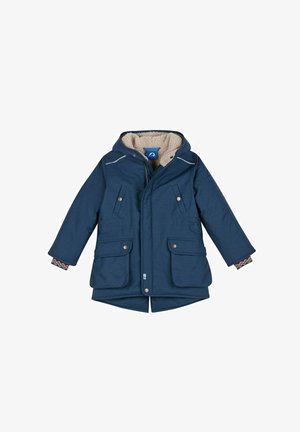 Marineblaue Parka mit einer Fütterung aus Kunstfell, Kapuze und großen Fronttaschen. Mit gemusterten Bündchen und silbernen Reißverschlusseinheiten.