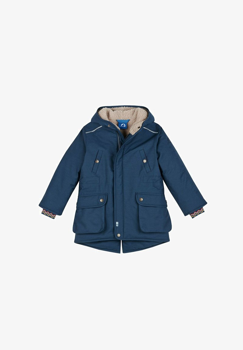 Parka blu navy con foderatura in pelliccia sintetica, cappuccio e grandi tasche frontali. Presenta polsini con motivo e dettagli in zip argentati.