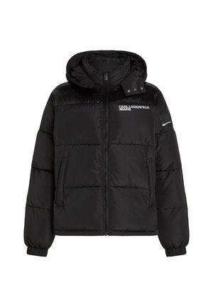 Black puffer jacket with a zip front, detachable hood, elastic cuffs, and visible brand logo on the chest and sleeve. Smooth, shiny material.