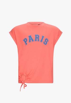 Korallefarbenes Kurzarmoberteil mit "PARIS" in blauer Schrift, rundem Ausschnitt und verstellbarem Kordelzug am Saum.