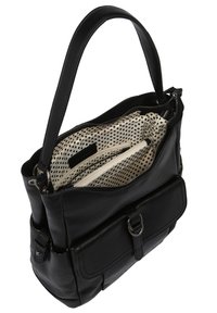 Borsa a mano in pelle nera con una texture liscia, chiusura con zip e interno a motivo. Presenta una tasca esterna e una tracolla regolabile.