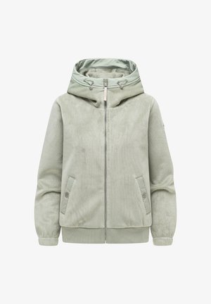 Giacca verde chiaro in velluto a coste con zip, cappuccio, coulisse, due tasche con bottoni a scatto e polsini elastici.
