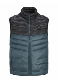 Sleeveless quilted vest with black upper and dark teal lower sections, front zipper, and small circular logo on left chest.