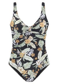 Maillot de bain une pièce noir avec un motif floral comprenant des fleurs jaunes et blanches, des feuilles vertes, et un détail froncé au niveau du bustier.