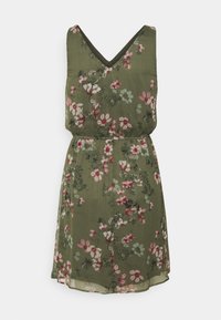 Ärmelloses olivgrünes Blumenmusterkleid mit V-Ausschnitt, tailliertem Bund und rosa-weißen Blumenmuster.