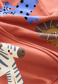 Cloth with colorful cartoon animals including a blue spotted leopard, a lion with a brown mane, and a smiling zebra on a reddish background.