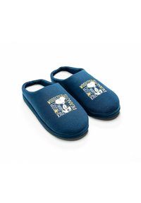 Pantofole di tessuto blu navy con retro chiuso, featuring una grafica di Snoopy e il testo "woodstock." Texture morbida, suole imbottite e bordi arrotondati.