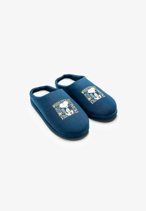 Pantofole di tessuto blu navy con retro chiuso, featuring una grafica di Snoopy e il testo "woodstock." Texture morbida, suole imbottite e bordi arrotondati.