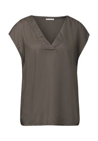 Blusa de manga corta con cuello en V en color verde oliva y un corte relajado. Textura suave, diseño sencillo y costura sutil en el escote.