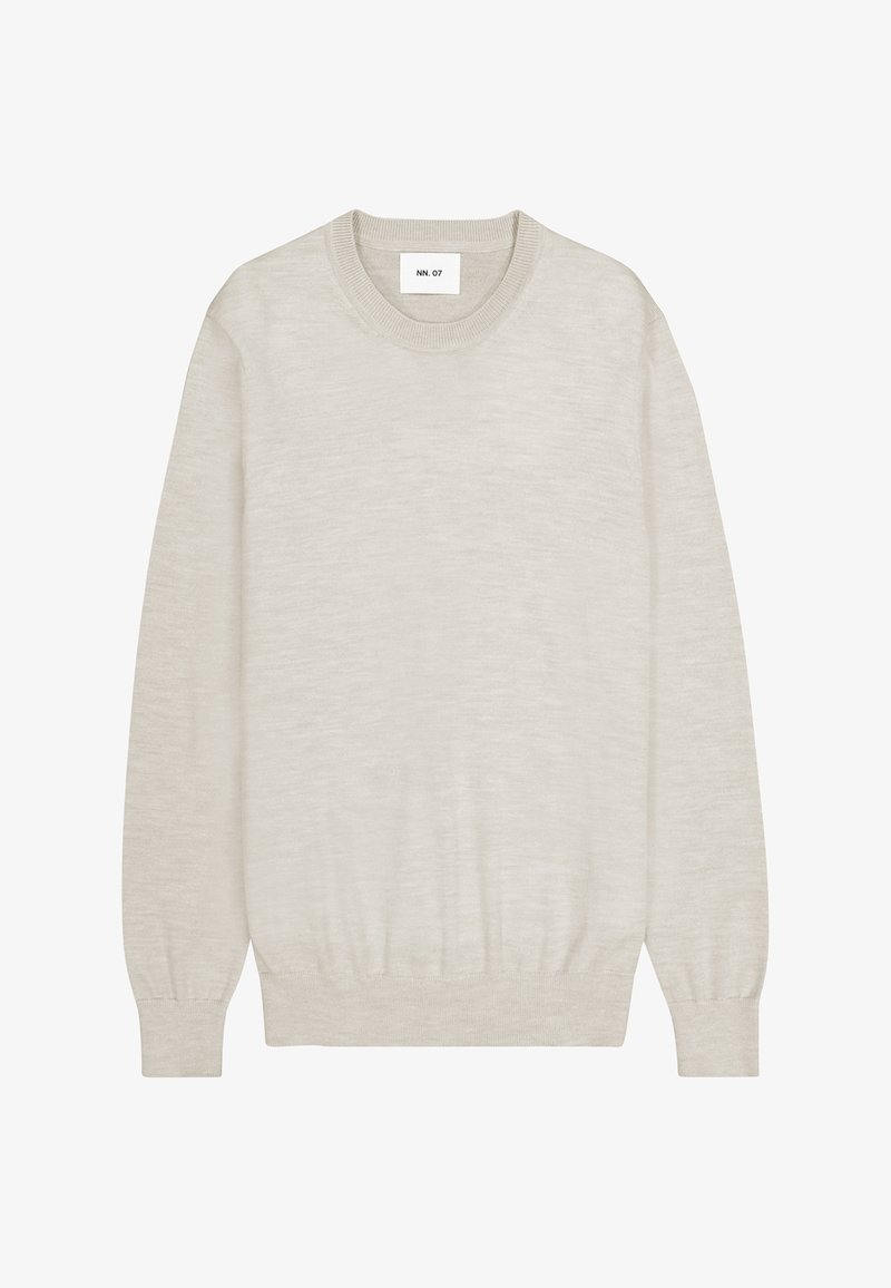 Beiger Pullover aus weicher Wolle, mit Rundhalsausschnitt, langen Ärmeln, gerippten Bündchen und Saum, sowie einer glatten, strukturierten Oberfläche.