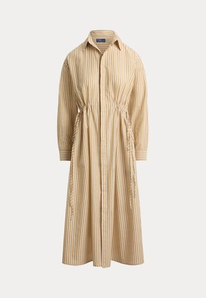 STRIPED COTTON-LINEN DRAWCORD SHIRTDRESS - Robe chemise - classic camel/white