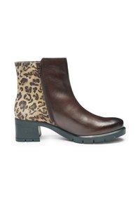 Brown leather ankle boot with a leopard print panel, side zipper, and a chunky black heel. Textured surface with contrasting patterns.