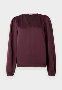 Bluză burgundă cu decolteu în V, mâneci lungi tip puff și detalii smock la umeri. Fabricată dintr-un material fin și ușor.
