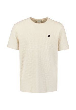 Korte mouwen crème T-shirt met gestructureerd patroon en ronde hals. Heeft een klein zwart hexagonaal logo op de bovenste linkerkant van de borst.