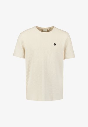 Korte mouwen crème T-shirt met gestructureerd patroon en ronde hals. Heeft een klein zwart hexagonaal logo op de bovenste linkerkant van de borst.