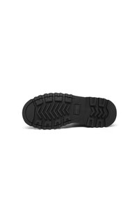 Black rubber shoe sole with a textured tread pattern, featuring deep grooves and a flat heel for traction and stability.