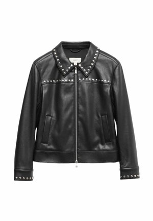 Czarna skórzana kurtka z kołnierzem ozdobionym srebrnymi ćwiekami, zamek błyskawiczny, dwa przednie kieszenie oraz ćwieki na mankietach. Gładka faktura.