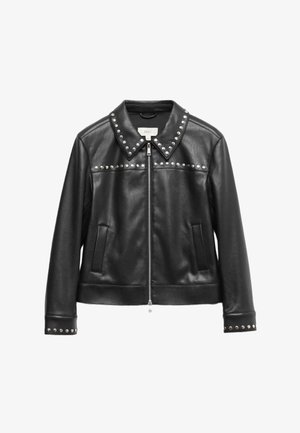 Czarna skórzana kurtka z kołnierzem ozdobionym srebrnymi ćwiekami, zamek błyskawiczny, dwa przednie kieszenie oraz ćwieki na mankietach. Gładka faktura.