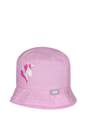 Pinkfarbenen Eimerhut mit einer Einhornkopf-Illustration in Pink und Blau sowie einem kleinen grauen Etikett mit der Aufschrift "SHIM" an der Krempe.