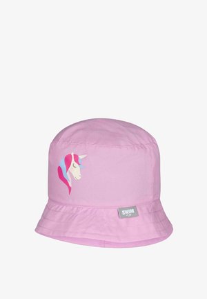 Pink bucket hat with a unicorn head illustration in pink and blue, and a small gray tag with "SHIM" on the brim.