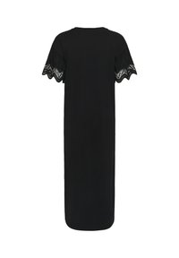 Robe midi noire avec manches courtes en dentelle et col rond, vue de dos.
