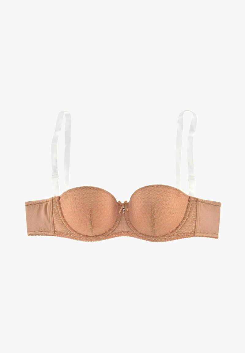 Beige gepolsterter BH mit einem strukturierten geometrischen Muster, verstellbaren weißen Trägern und einem kleinen dekorativen Schleifchen in der Mitte.