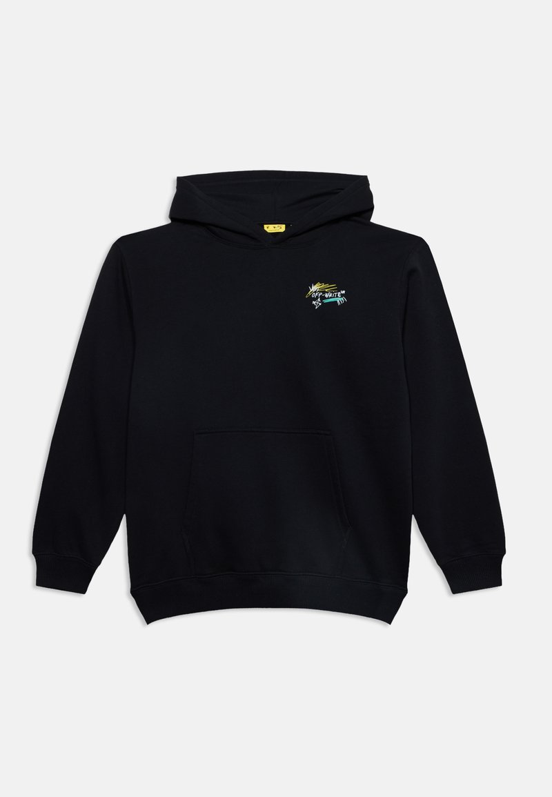 Sweat à capuche noir avec poche avant et petit logo coloré "Off-White" sur le côté gauche de la poitrine.