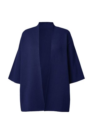 Granatowa rozpinana kimono z szerokimi rękawami i luźnym krojem, wykonana z miękkiego materiału. Gładka tekstura, bez zapięć i wzorów.