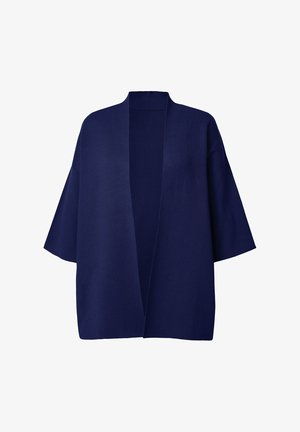 Kimono giacca aperta blu navy con maniche larghe e una vestibilità comoda, realizzata in tessuto morbido. Texture liscia, senza chiusure o fantasie.