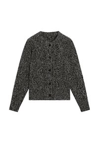 Cardigan nero e bianco texturizzato con scollo arrotondato, chiusura anteriore con bottoni, maniche lunghe e orlo a coste.