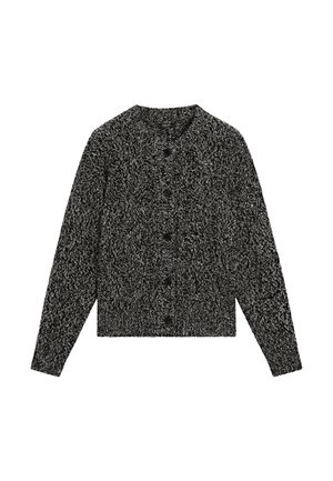 Cardigan nero e bianco texturizzato con scollo arrotondato, chiusura anteriore con bottoni, maniche lunghe e orlo a coste.