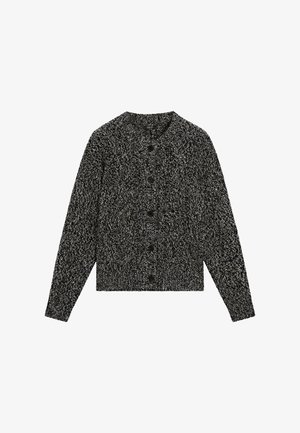 Cardigan nero e bianco texturizzato con scollo arrotondato, chiusura anteriore con bottoni, maniche lunghe e orlo a coste.