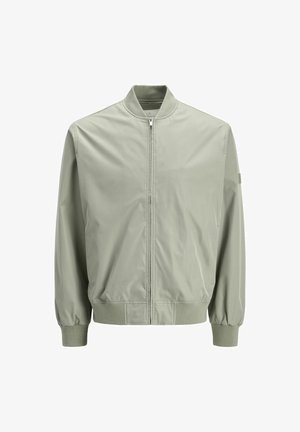 Veste bomber vert clair en tissu lisse. Dotée d'une fermeture éclair, d'un col et de poignets côtelés, et d'une coupe décontractée.