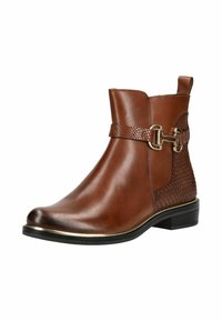 Bota de tobillo de cuero marrón con un panel texturizado de patrón reptil, herrajes dorados y un tacón bajo. Cuenta con una pestaña para facilitar su uso.