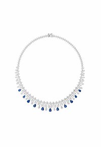 Silver necklace featuring alternating blue and clear teardrop-shaped gemstones, arranged in a symmetrical pattern.