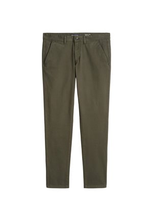 Olive green cotton trousers with a straight leg, two front pockets, and a single button closure at the waist. Smooth texture, no patterns.