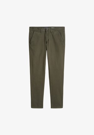 Olivengrüne Baumwollhose mit geradem Bein, zwei Vordertaschen und einem einfachen Knopfverschluss an der Taille. Glatte Textur, ohne Muster.