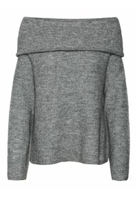 Pull gris en tricot à épaules dénudées avec manches longues et large col replié, présenté sur un fond blanc.