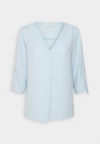 Blusa azzurro chiaro a V con maniche a tre quarti, tessuto texturizzato e taglio dritto. Presenta un'apertura frontale con bottoni a scatto e dettagli con maniche arrotolabili.