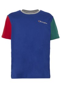 Modrá bavlněná tričko s krátkým rukávem v červené, zelené a šedé barvě. Obsahuje malé vyšívané logo na levé straně hrudi. Klasický kulatý výstřih.