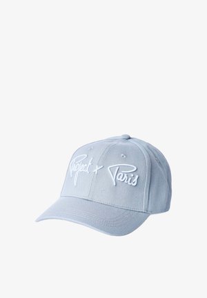 Casquette de baseball gris clair avec une visière incurvée brodée du texte blanc "Project x Paris" sur le panneau avant.