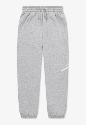 Pantalon de survêtement gris clair avec une taille élastique, un cordon de serrage, des bas de jambes élastiques et un petit logo blanc sur la jambe droite.