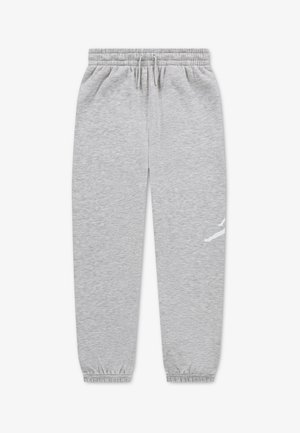 Pantalon de survêtement gris clair avec une taille élastique, un cordon de serrage, des bas de jambes élastiques et un petit logo blanc sur la jambe droite.